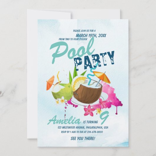 Leuke Poolparty Verjaardag Tropisch Feest Kaart (Voorkant)