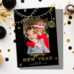 Leuke pret-doodles Gelukkig Nieuwjaar Foto Zwart + Folie Feestdagenkaart