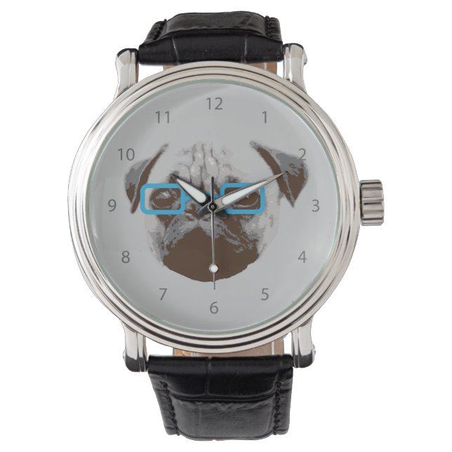 Leuke Pug Hipster met Blauwe Bril Horloge (Voorkant)