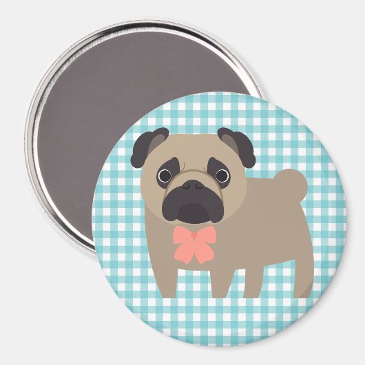 Leuke Pug op blauw en wit Gingham Design Magneet (Voorkant / Achterkant)