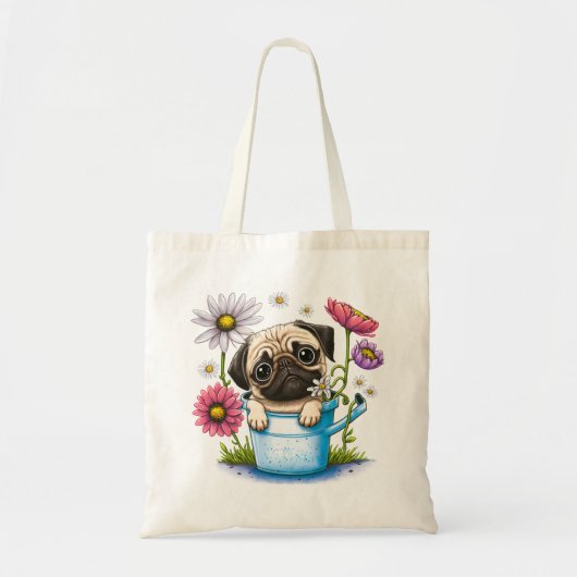 Leuke Pug Puppy Dog Daisies Bloemen Cartoon Pugs Tote Bag (Voorkant)