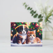 Leuke puppy en kat onder kerstboom briefkaart (Staand voorkant)