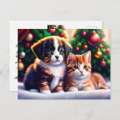 Leuke puppy en kat onder kerstboom briefkaart (Voorkant / Achterkant)