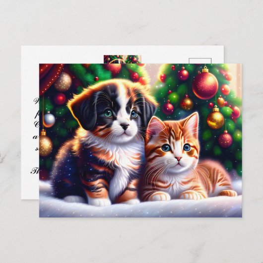 Leuke puppy en kat onder kerstboom briefkaart (Voorkant / Achterkant)