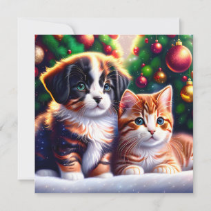 Leuke puppy en kat onder kerstboom feestdagenkaart