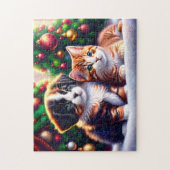 Leuke puppy en kat onder kerstboom legpuzzel (Verticaal)