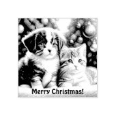 Leuke puppy en kat onder kerstboom 	rubberstempel (Afrduk)