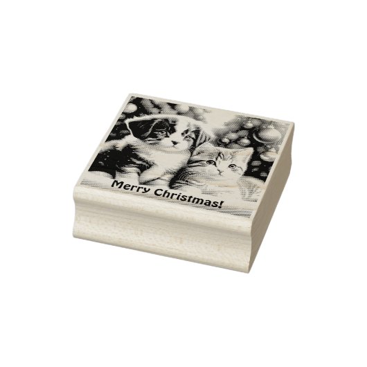 Leuke puppy en kat onder kerstboom 	rubberstempel (Stempel)