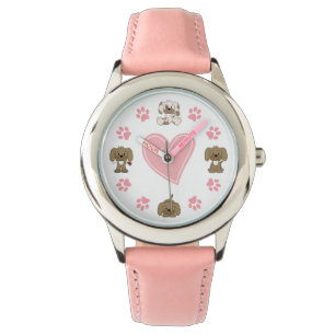 Leuke Puppy Honden, Roze Poot Prints en Hart Horloge