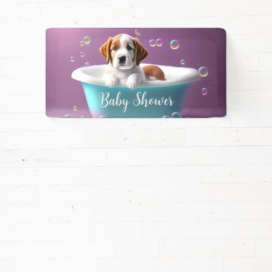 Leuke puppy in bad met bubbels, baby shower spandoek (Insitu)