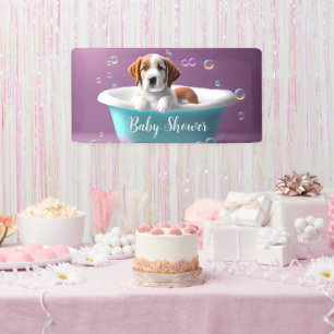 Leuke puppy in bad met bubbels, baby shower spandoek