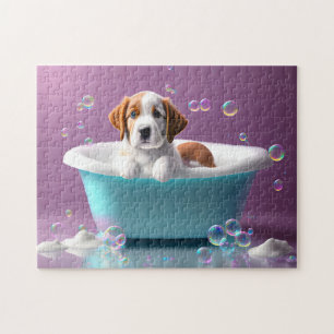 Leuke puppy in een badkuip met bubbels, kinder legpuzzel