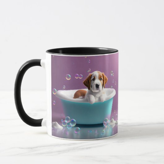 Leuke puppy in een badkuip met zeepbellen mok (Links)