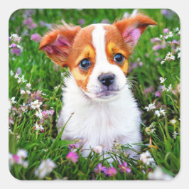 Leuke Puppy op het gebied van bloemen Vierkante Sticker