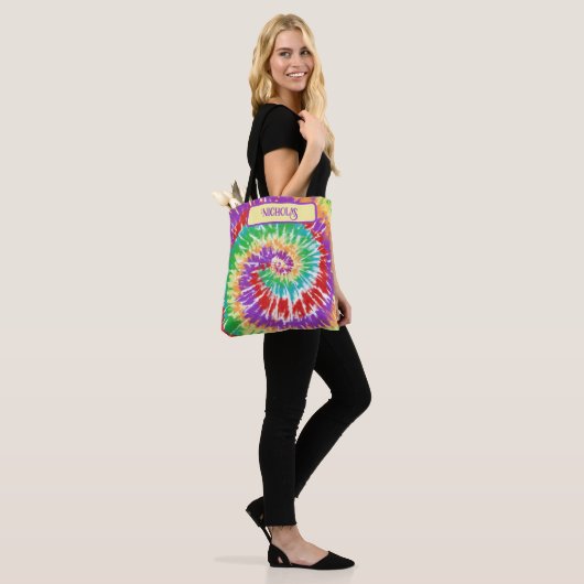 Leuke Regenboog Kleuren Retro Tie Dye Canvas tas (Op model)