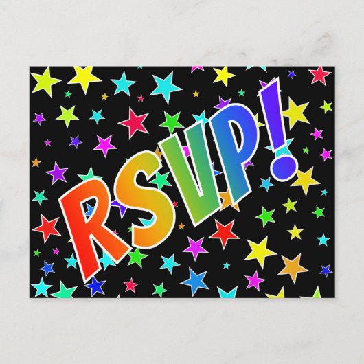 Leuke regenboogletters "RSVP!" + sterrenpatroon Briefkaart (Voorkant)