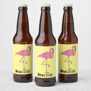 Leuke Retro Beach Sunny Beachin' pink flamingo Bier Etiket
