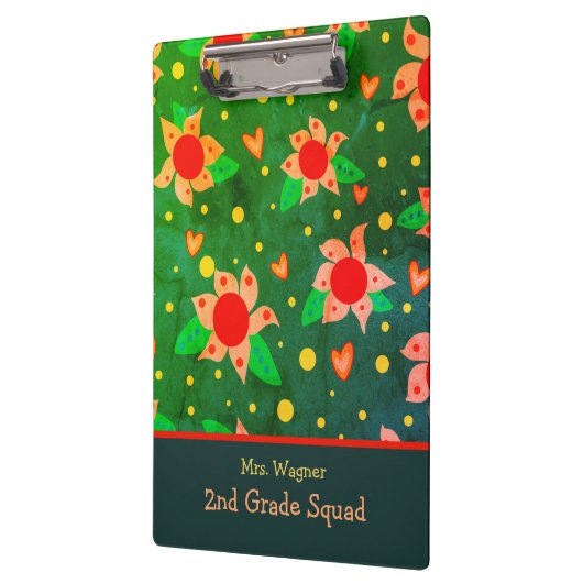 Leuke retro bloemen groen gepersonaliseerde leraar klembord (Links)