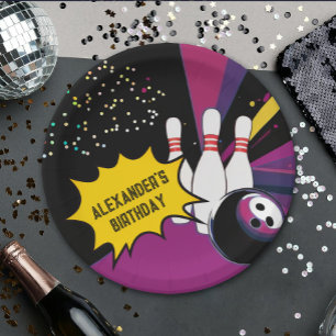 Leuke Retro Bowling Paarse Roze Meisje Verjaardags Papieren Bordje
