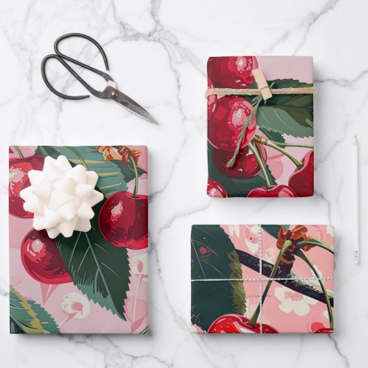 Leuke Retro 'Cherry Pop' Roze Inpakpapier Vel (Voorkant)