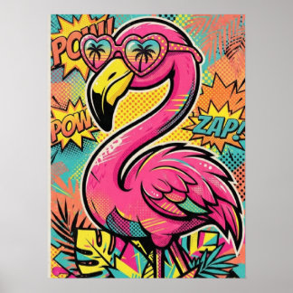 Leuke Retro Comic Flamingo Zonnebril Pop Art Poster
