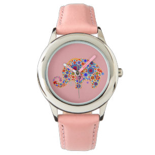 Leuke Retro Flowers Cartoon Stijl Olifant 2 Horloge