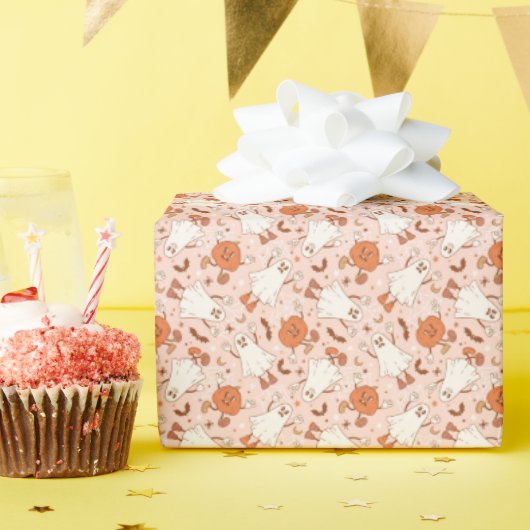 Leuke Retro Ghost & Jack-O-Lantern Patroon Cadeaupapier (Verjaardagsfeest)
