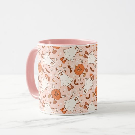 Leuke Retro Ghost & Jack-O-Lantern Patroon Mok (Voorkant links)