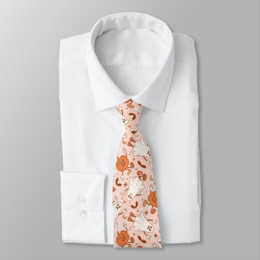 Leuke Retro Ghost & Jack-O-Lantern Patroon Stropdas (Gebonden)