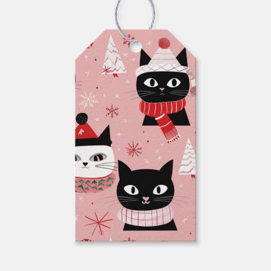 Leuke Retro Kerst Katten op Roze Cadeaulabel (Voorkant)