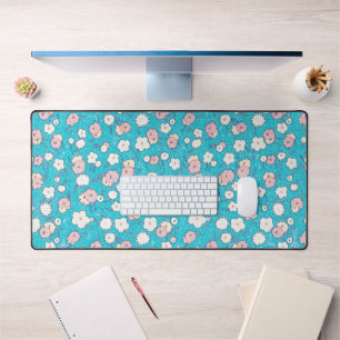 Leuke Retro Pop Art Roze en Aqua Flowers Desk Mat