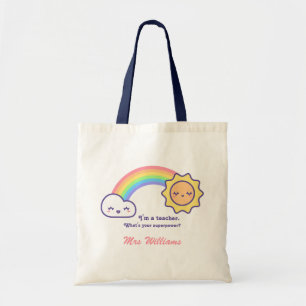 Leuke Retro Regenboog en Zon Aangepaste Leraar Naa Tote Bag