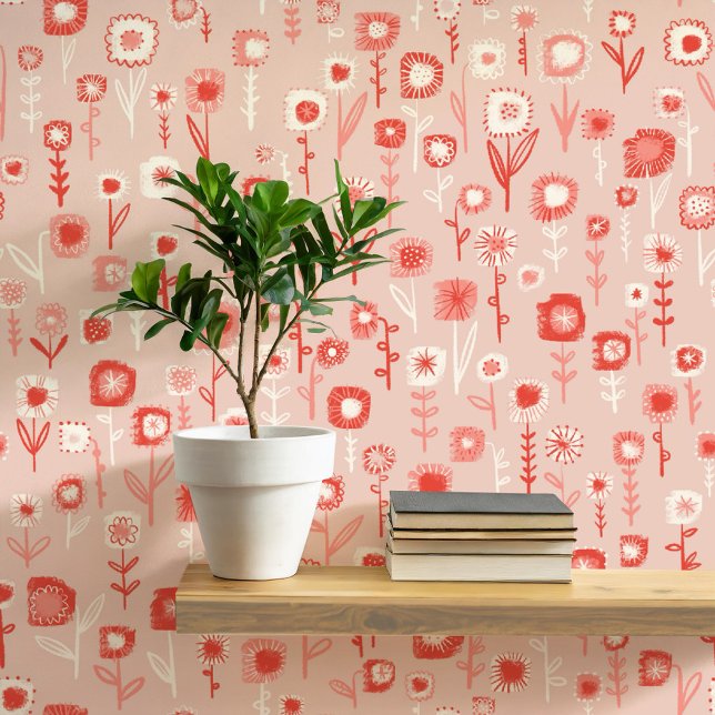 Leuke retro roze bloemenpatroon behang (Retro pink floral ditsy fun peel and stick wallpaper)