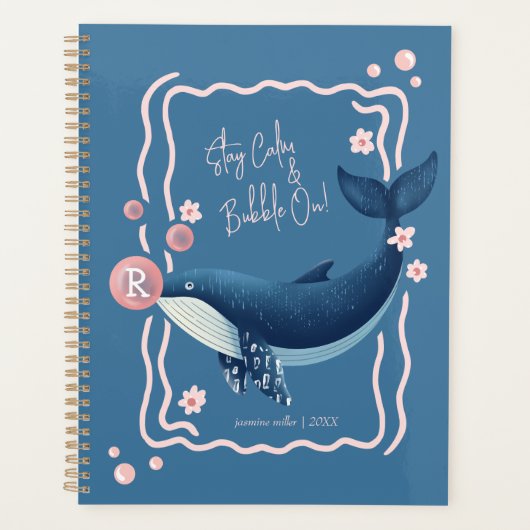 Leuke Retro Wavy Blauwe Walvis Roze Gum Bubbles Planner (Voorkant)