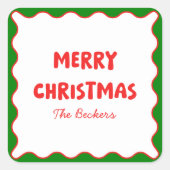 Leuke Retro Wavy Rood en Groen Custom Chic Kerstmi Vierkante Sticker (Voorkant)