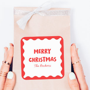 Leuke Retro Wavy Rood en Wit Custom Chic Kerstmis Vierkante Sticker