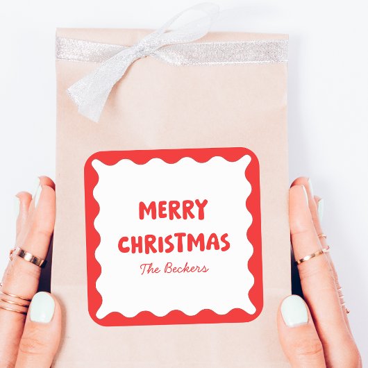 Leuke Retro Wavy Rood en Wit Custom Chic Kerstmis Vierkante Sticker
