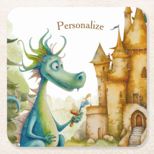 Leuke ridder drakenburcht verjaardagsfeestje Kinde Vierkante Kartonnen Onderzetter