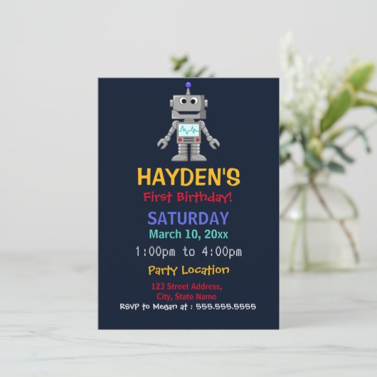 Leuke Robot Eerste Verjaardag Uitnodiging (Staand voorkant)