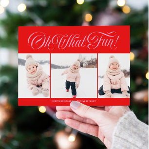 Leuke rode en roze kerstkaart met drie foto's