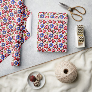 Leuke rode harten en Paarse gele bloemen Cadeaupapier