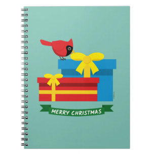 Leuke rode kardinaal die een blauw cadeau opent notitieboek