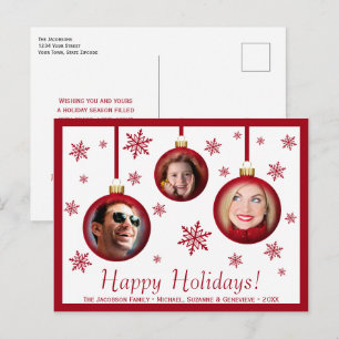 Leuke rode kerstballen & sneeuwvlokken 3 foto's va briefkaart