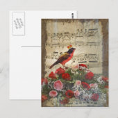 Leuke rode vogel & vintage muziekblad briefkaart (Voorkant / Achterkant)
