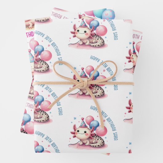 Leuke roze axolotl verjaardagsfeest inpakpapier vel (In situ)