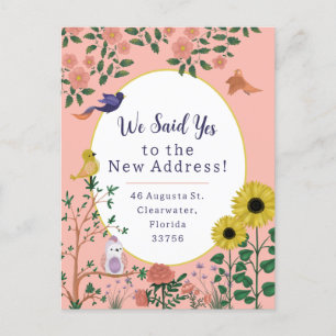 Leuke roze bloem en vogel nieuwe adres aankondigin briefkaart