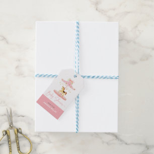Leuke roze bloemversierde pony carrousel cadeaulabel