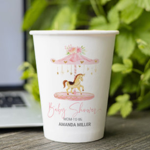 Leuke roze bloemversierde pony carrousel papieren bekers