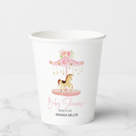 Leuke roze bloemversierde pony carrousel papieren bekers (Voorkant)