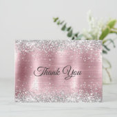 Leuke roze blos zilver namaak glinster bedankkaart (Staand voorkant)